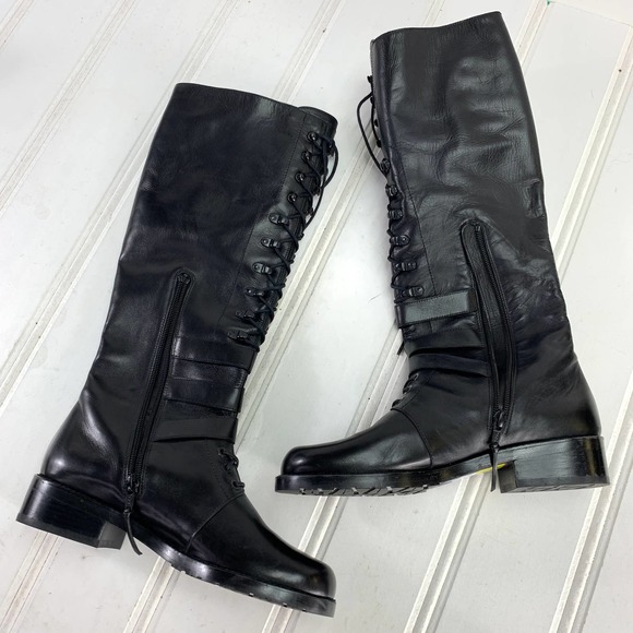 Stuart Weitzman 6.5 Police Lady Black Velour Knee High Combat Boots Lace Up Zip - Picture 4 of 11